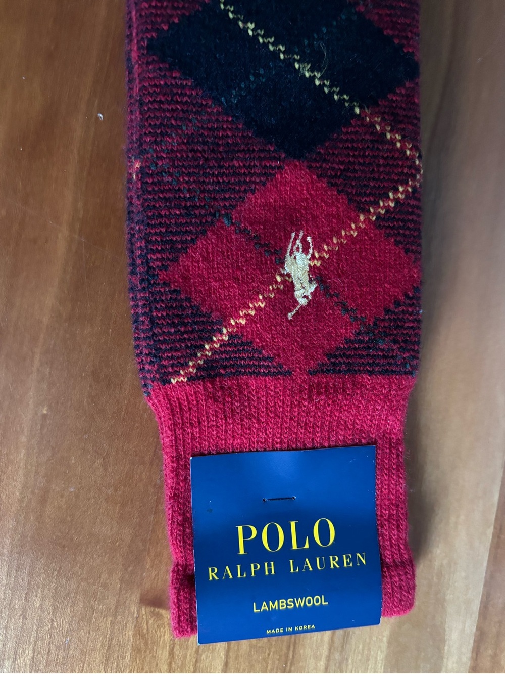Ralph Lauren Red and Black Argyle Lambswool Dress Socks with Gold Pony